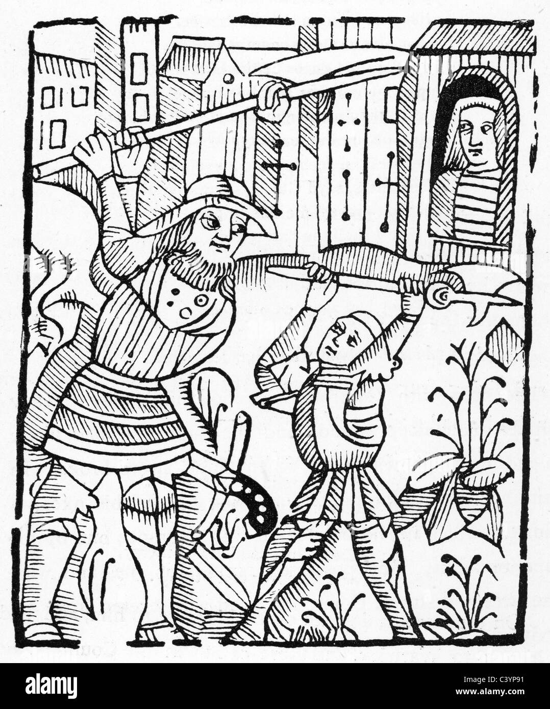 Guy of Warwick kämpfen die riesigen Colbrond. Guy of Warwick ist eine legendäre englische Held der Romantik aus dem 13. Jahrhundert. Stockfoto