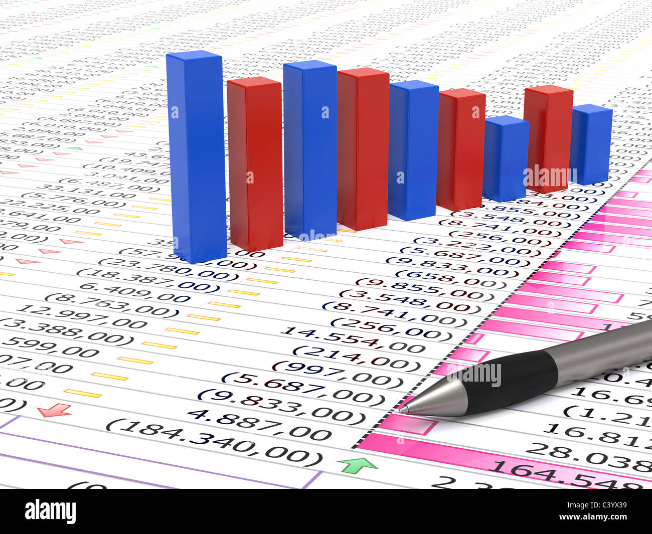 Tabelle mit Stift, blau und rot Grafik Balken mit Zahlen im Hintergrund Stockfoto