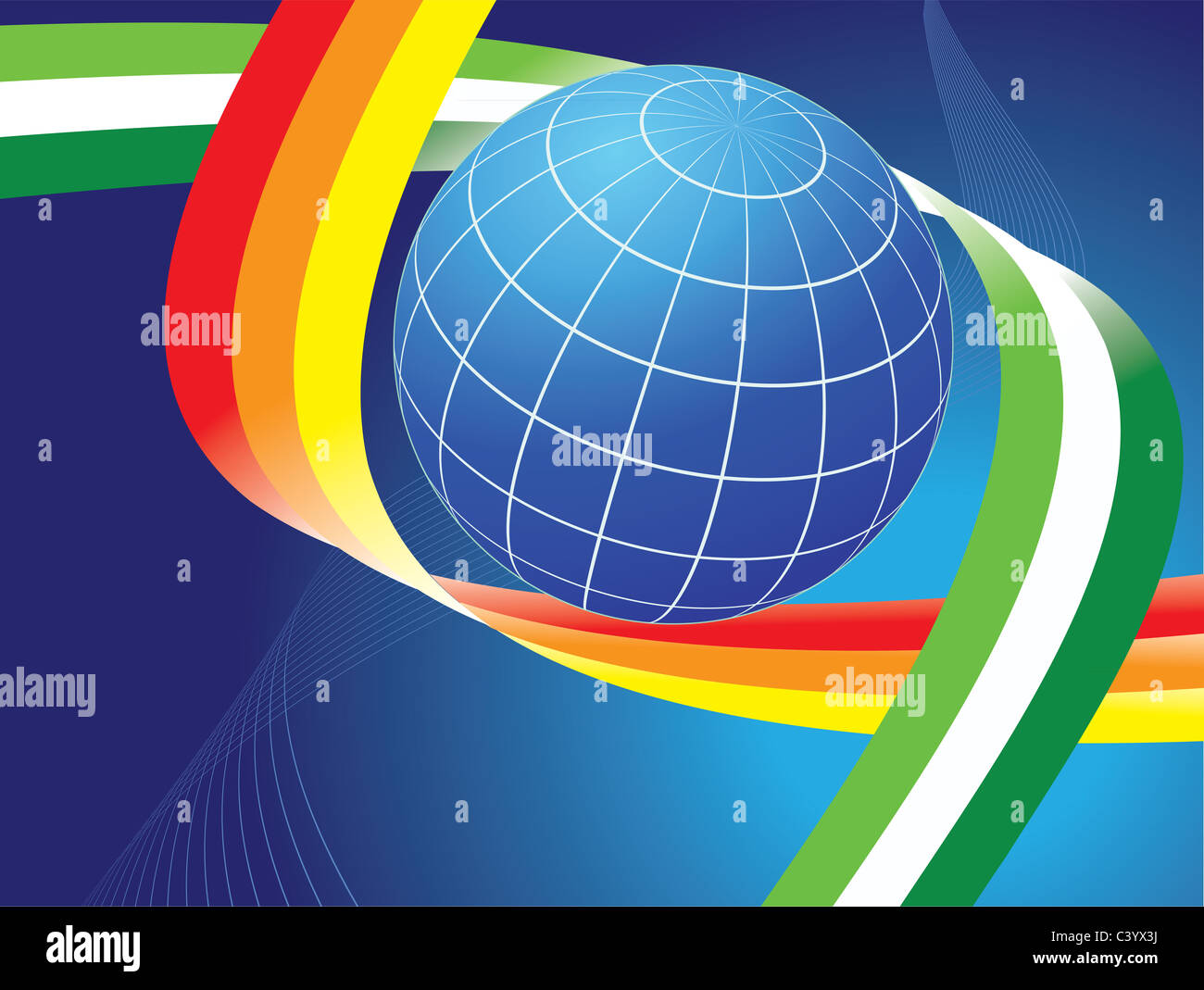 Erdkugel und Regenbogen Farbe Kurven auf dunkelblauem Hintergrund Stockfoto