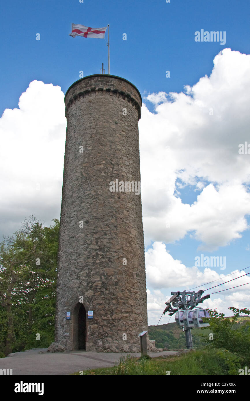 Aussicht auf Turm und Seilbahnen, Heights of Abraham, Matlock Bath Stockfoto