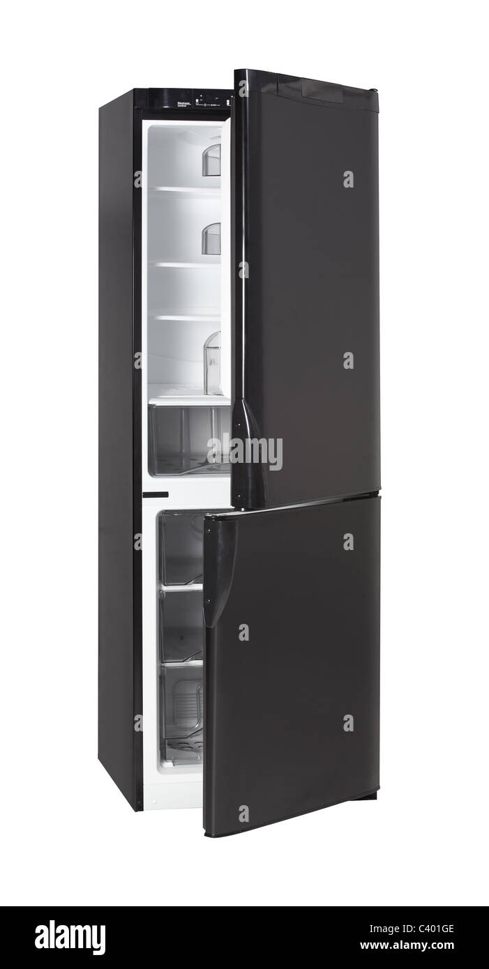 Zwei Türen glänzend schwarz Kühlschrank isoliert auf weiss Stockfoto