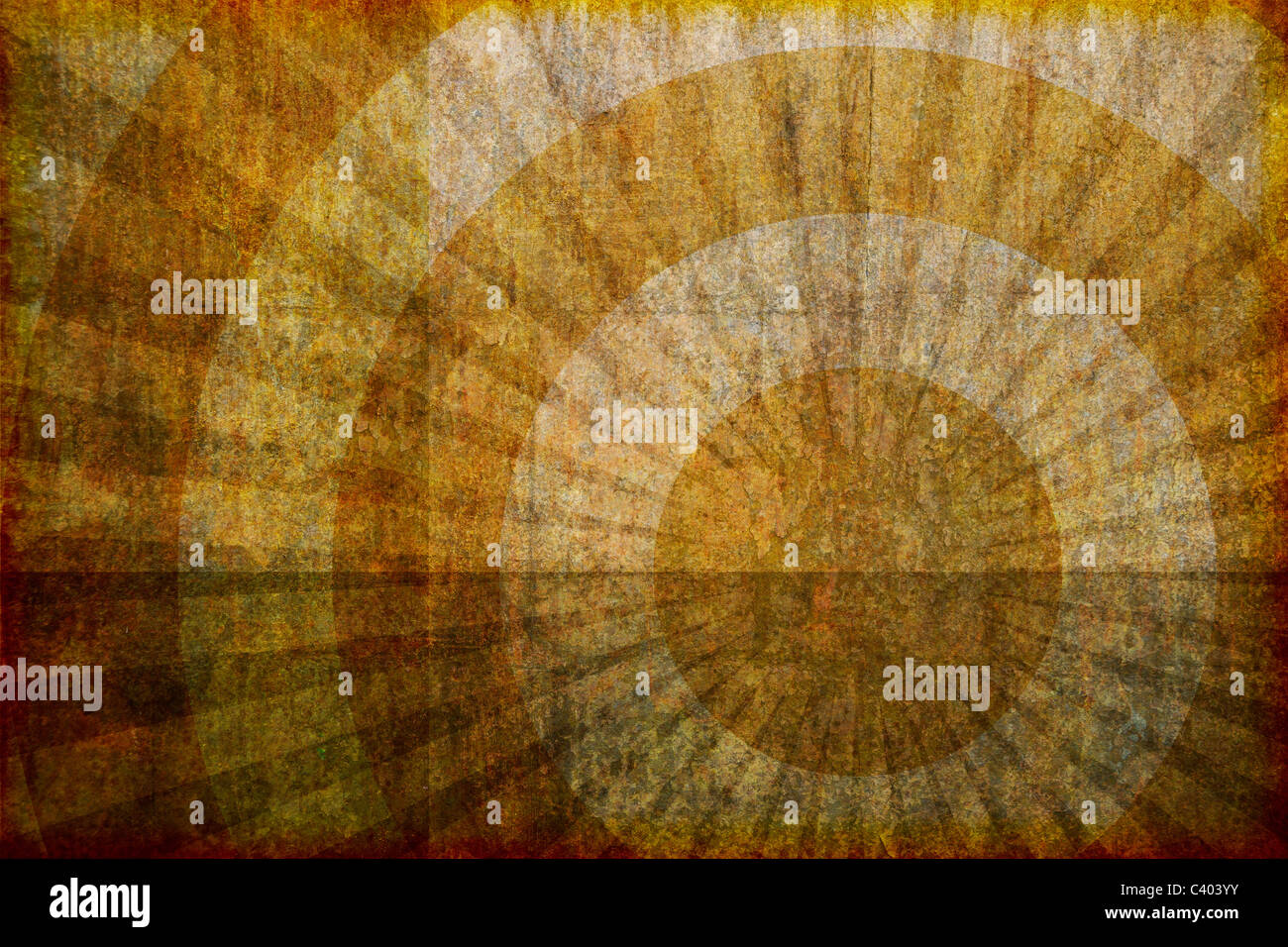 Eine schmutzig aussehende abstrakten, künstlerische Grunge Hintergrund Illustration mit konzentrischen Kreisen und Strahlen. Stockfoto