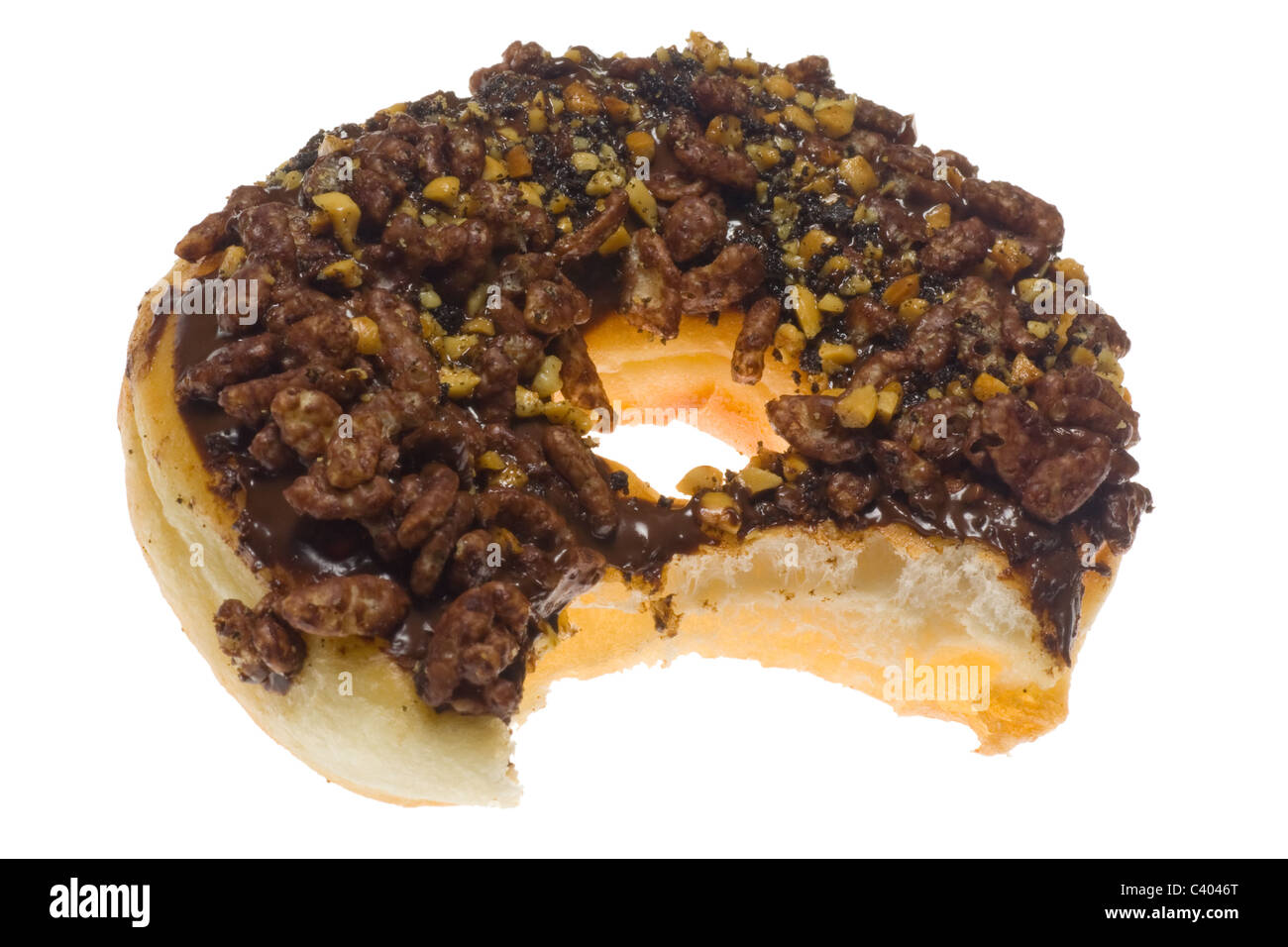 Donut mit einem Biss aus isoliert auf weißem Hintergrund Stockfoto
