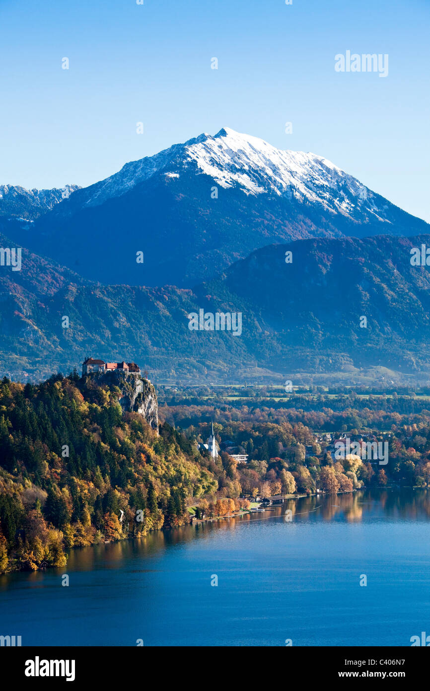 Slowenien, Europa, Bled, See, Schloss, Herbst, Kirche, Berge Stockfoto