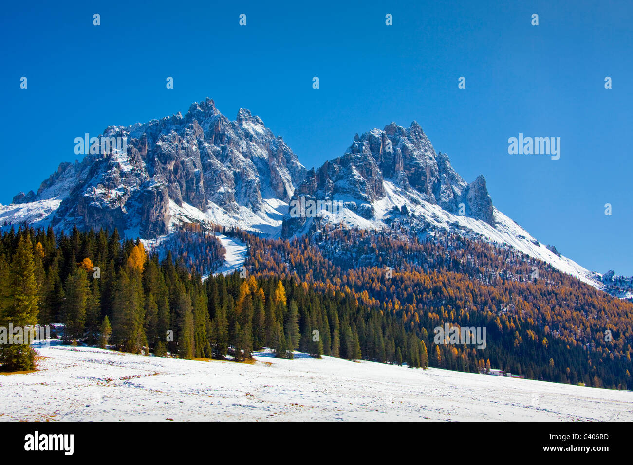 Italien, Europa, Dolomiten, Alpen, Herbst, Schnee Stockfoto