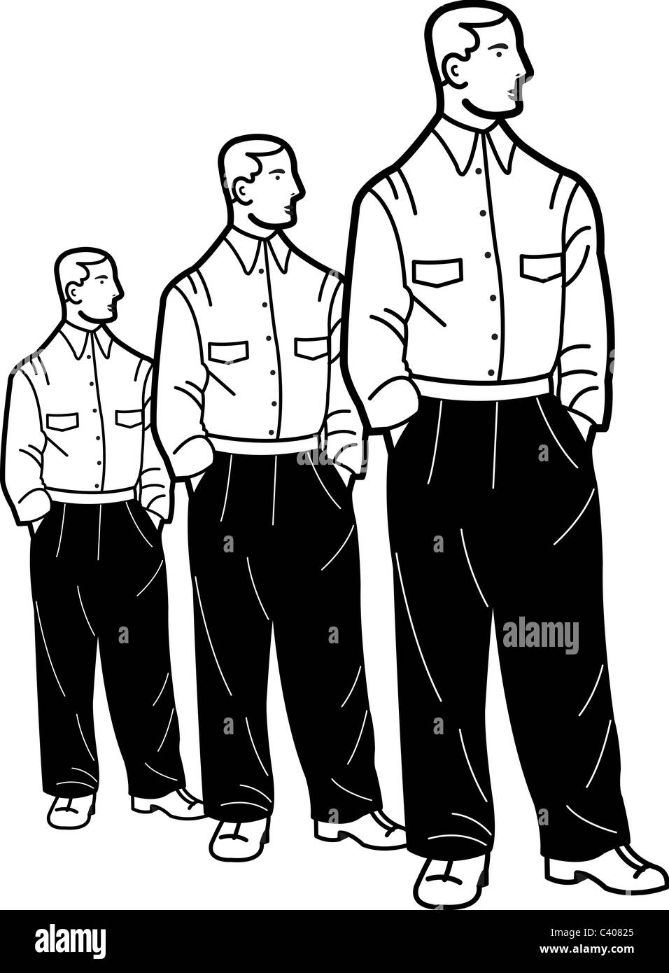 Illustration der drei identische Männer stehen mit ihren Händen in den Taschen Stockfoto