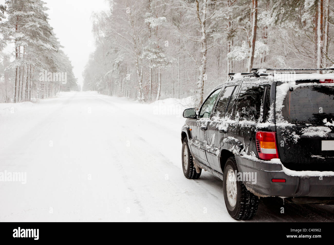 Auto auf einem verschneiten Waldweg im winter Stockfoto
