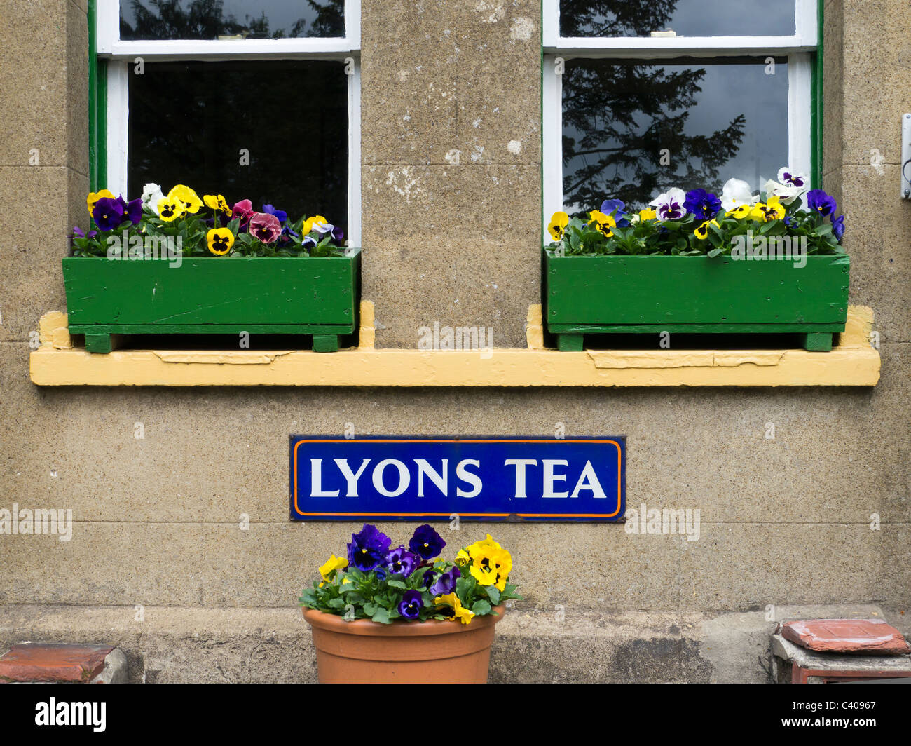 Lyons Tee Werbung unter Blumenkästen auf Alresford Station ist Teil der Mitte Hants. Eisenbahn in Hampshire, England. Stockfoto