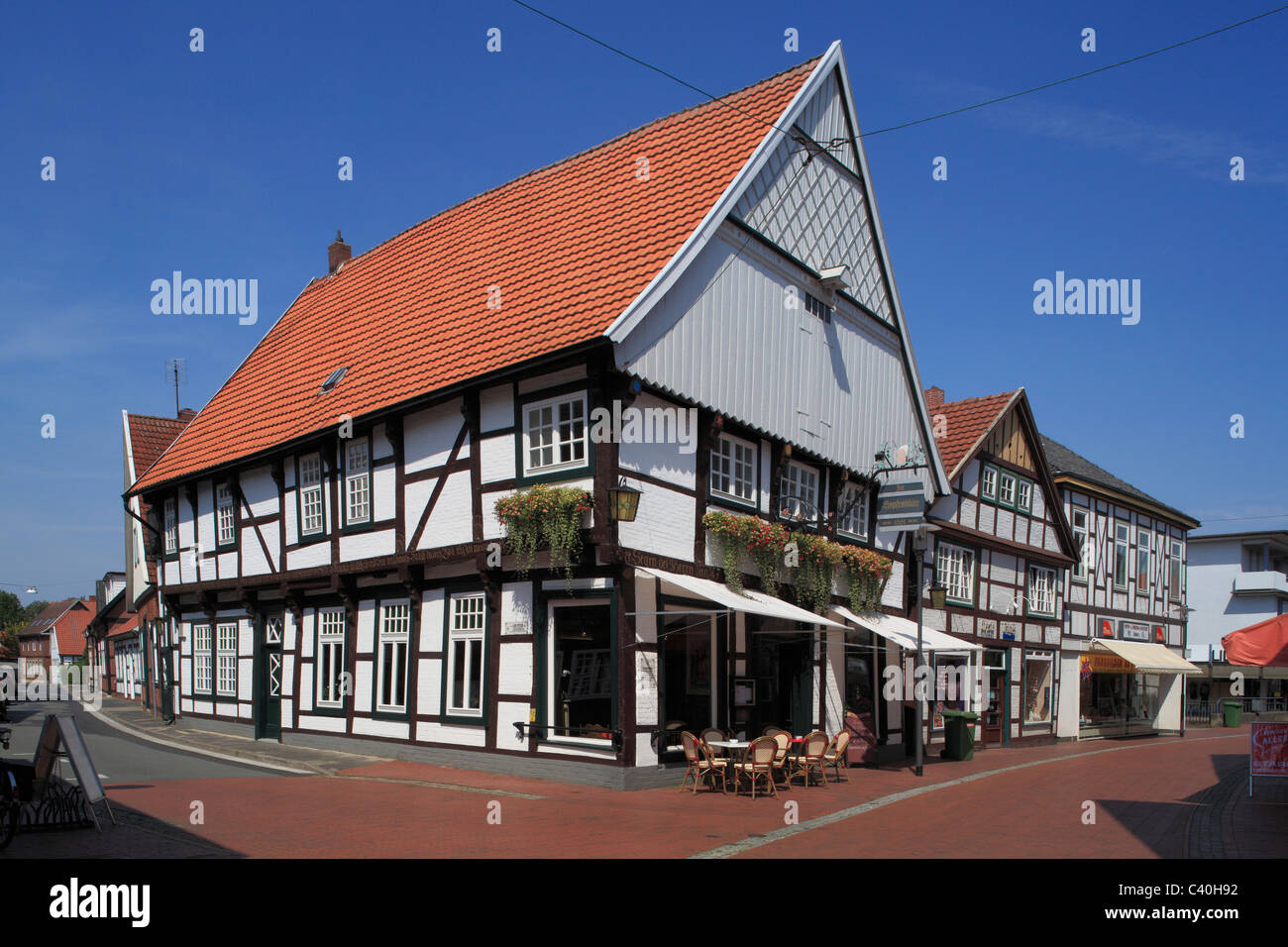 Fachwerkhaus, das Unternehmer Haus, Hop Blüte, lange Straße, Quakenbruck, Artland, Oldenburger Münsterland, Niedersachsen, Stockfoto