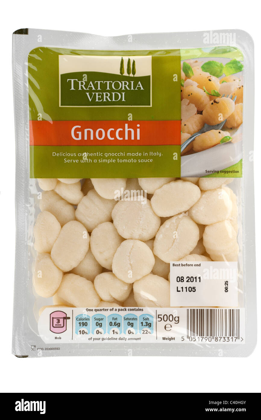 500 Gramm versiegelt Cellophan Pack Trattoria Verdi Gnocchi Stockfoto