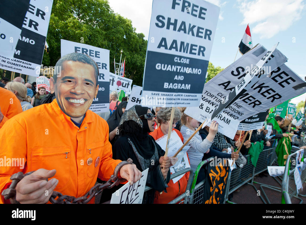 Der Staatsbesuch von uns Präsident Barack Obama in das Vereinigte Königreich erfüllt ist durch feste, hohe Sicherheit und Proteste in London, 24. Mai 2011 Stockfoto