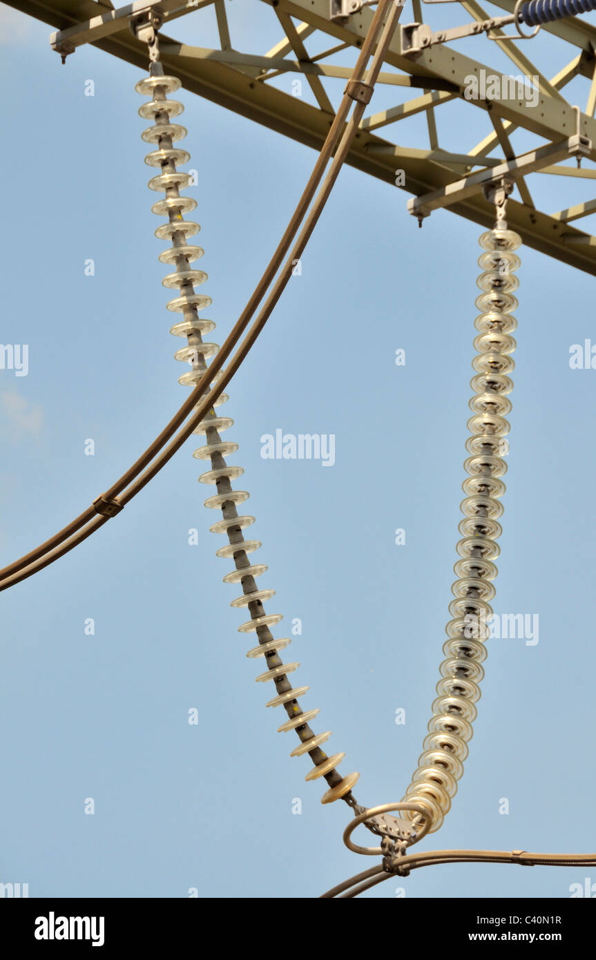 Deutschland, Duisburg, Strom, Energieversorgung, Europa, Evonik, Hochspannung, Stromleitung, hochgespannten Mast, Isolatoren, Ruhr sind Stockfoto