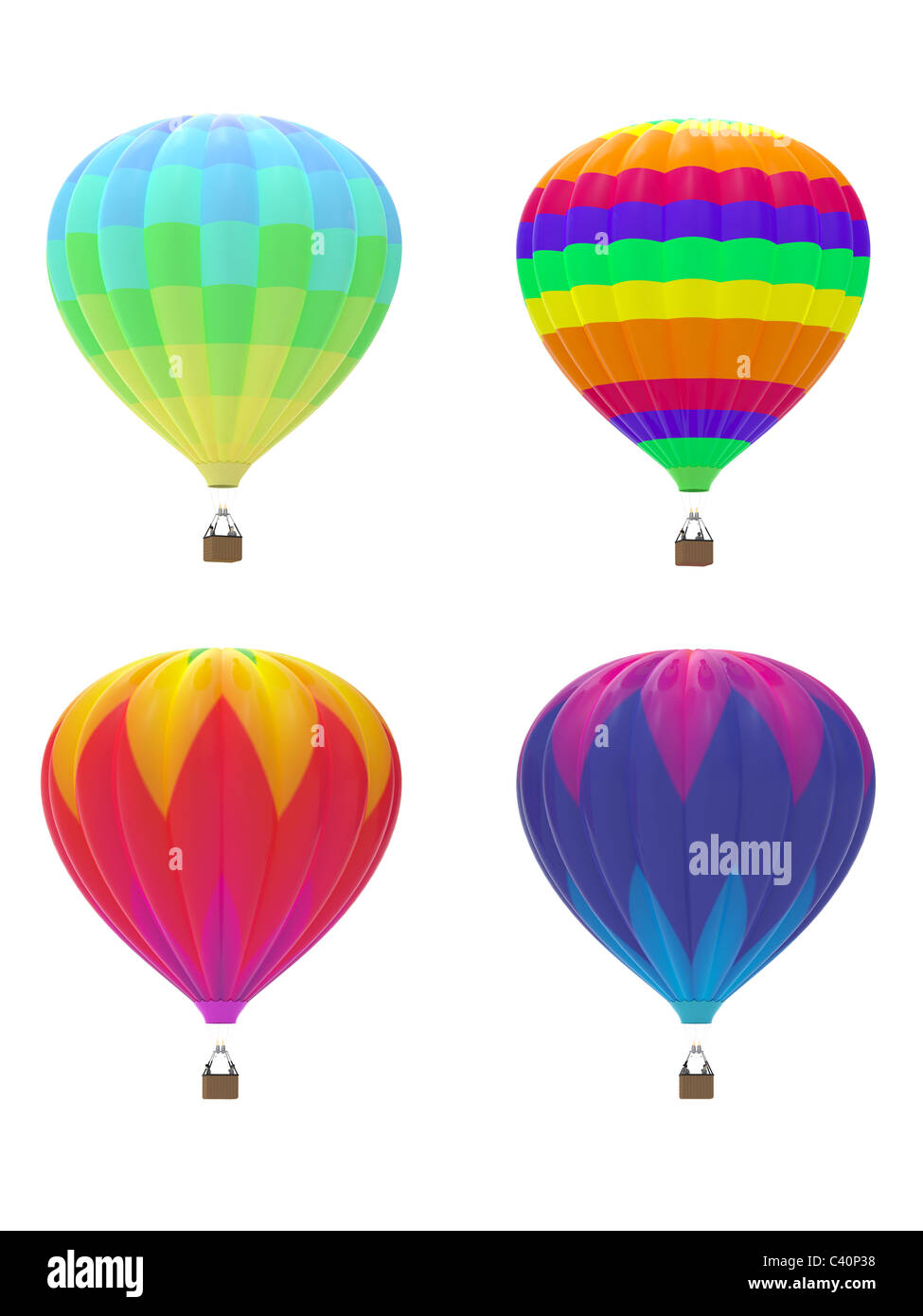 Vier bunte Heißluftballons, die isoliert auf weißem Hintergrund Stockfoto