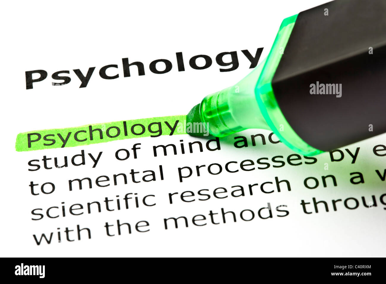 Das Wort Filzstift "Psychologie" markiert in grün mit Spitze Stockfoto