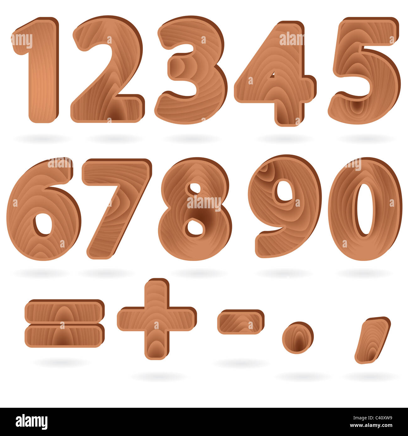 Reihe von Ziffern und Satzzeichen anmeldet Holzmaserung texturierte Stil Stockfoto