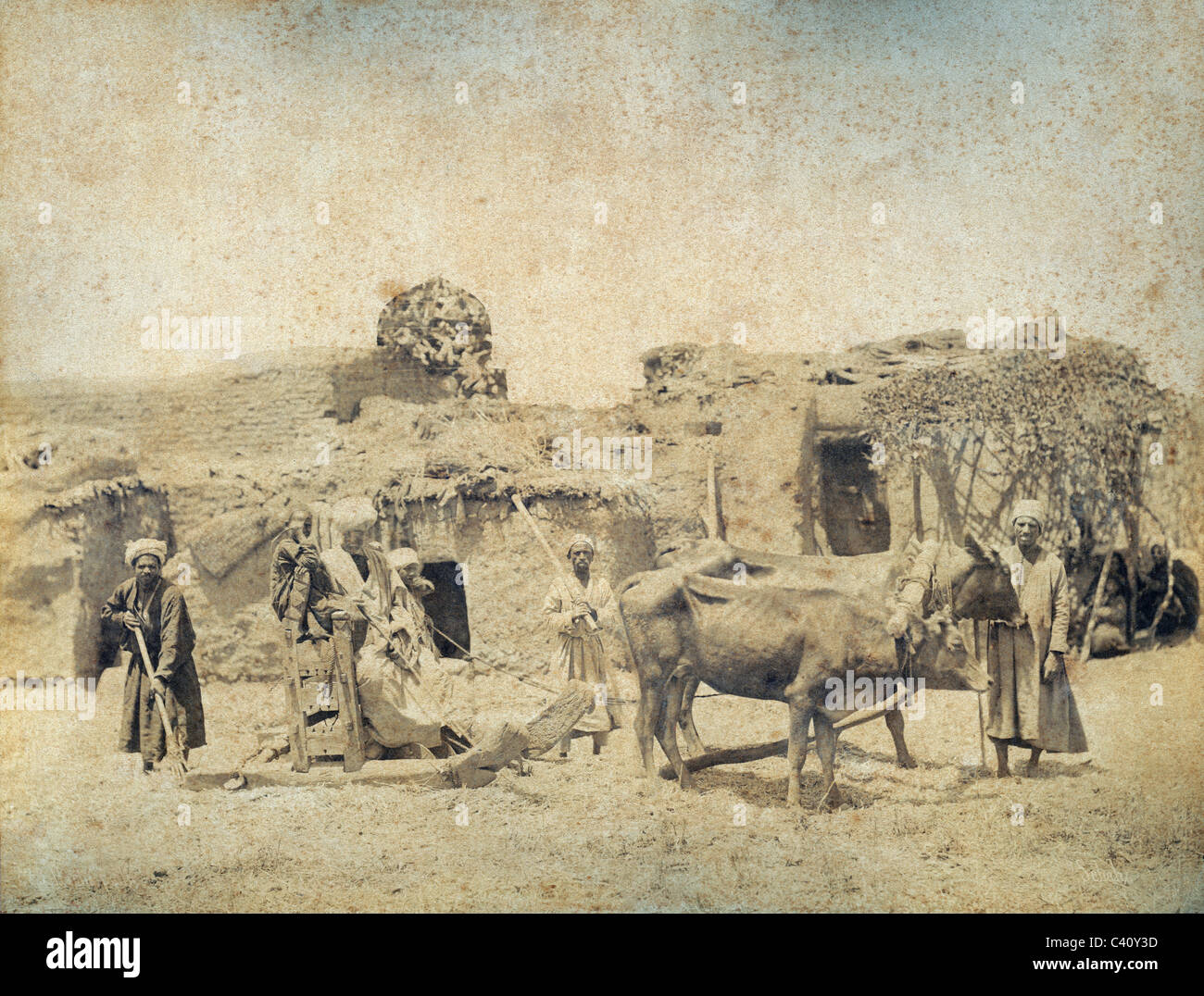 Dorf-Landwirtschaft-Szene in Ägypten 1880er Jahren möglicherweise der Prügel Mais oder Weizen, Foto von Sebah. Stockfoto