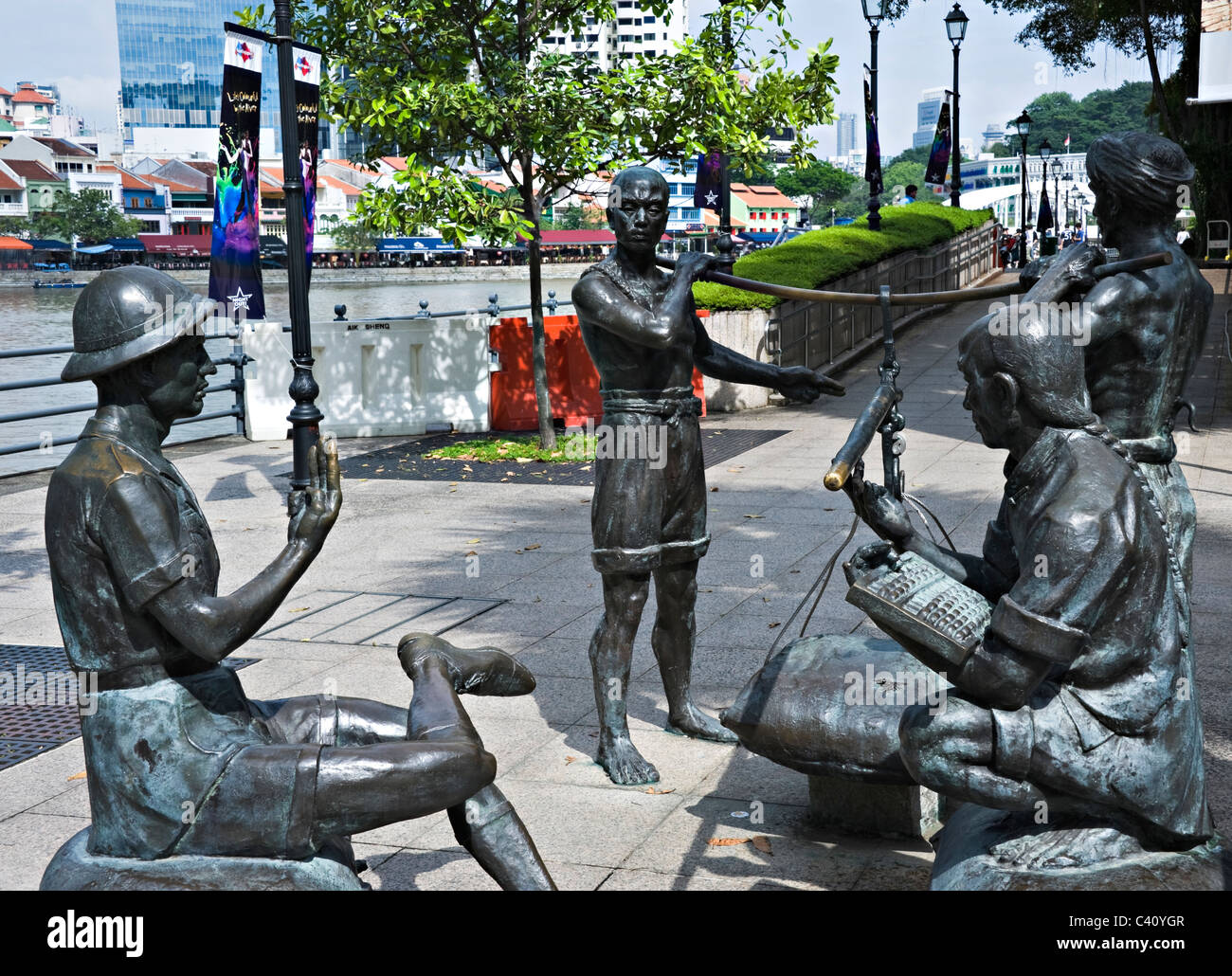 Bronze-Skulpturen der Fluss Kaufleute im Norden Boat Quay Singapore River Republik Singapur Asien Stockfoto
