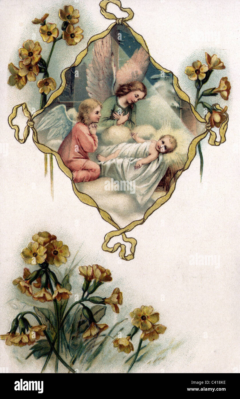 Religion, Christentum, Jesus Christus, beobachtet von Schutzengel, Bildpostkarte, 19. Jahrhundert, historisch, Kitsch, Hokum, Jesuskind, göttliches Kind, Weihnachten, Menschen, Zusatzrechte-Clearences-nicht vorhanden Stockfoto