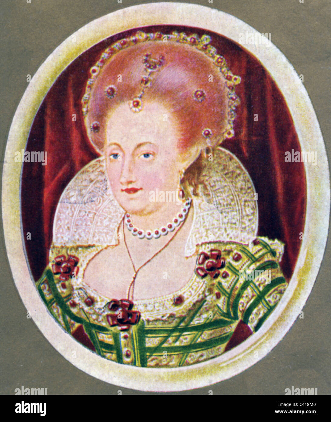 Anne, 12.12.1574 - 2.3.1619, Königin Consort von England 25.7.1603 - 2.3.1619, Porträt, Ausdruck nach Miniatur, 17. Jahrhundert, Zigarettenkarte, Hamburg, 1933, Stockfoto