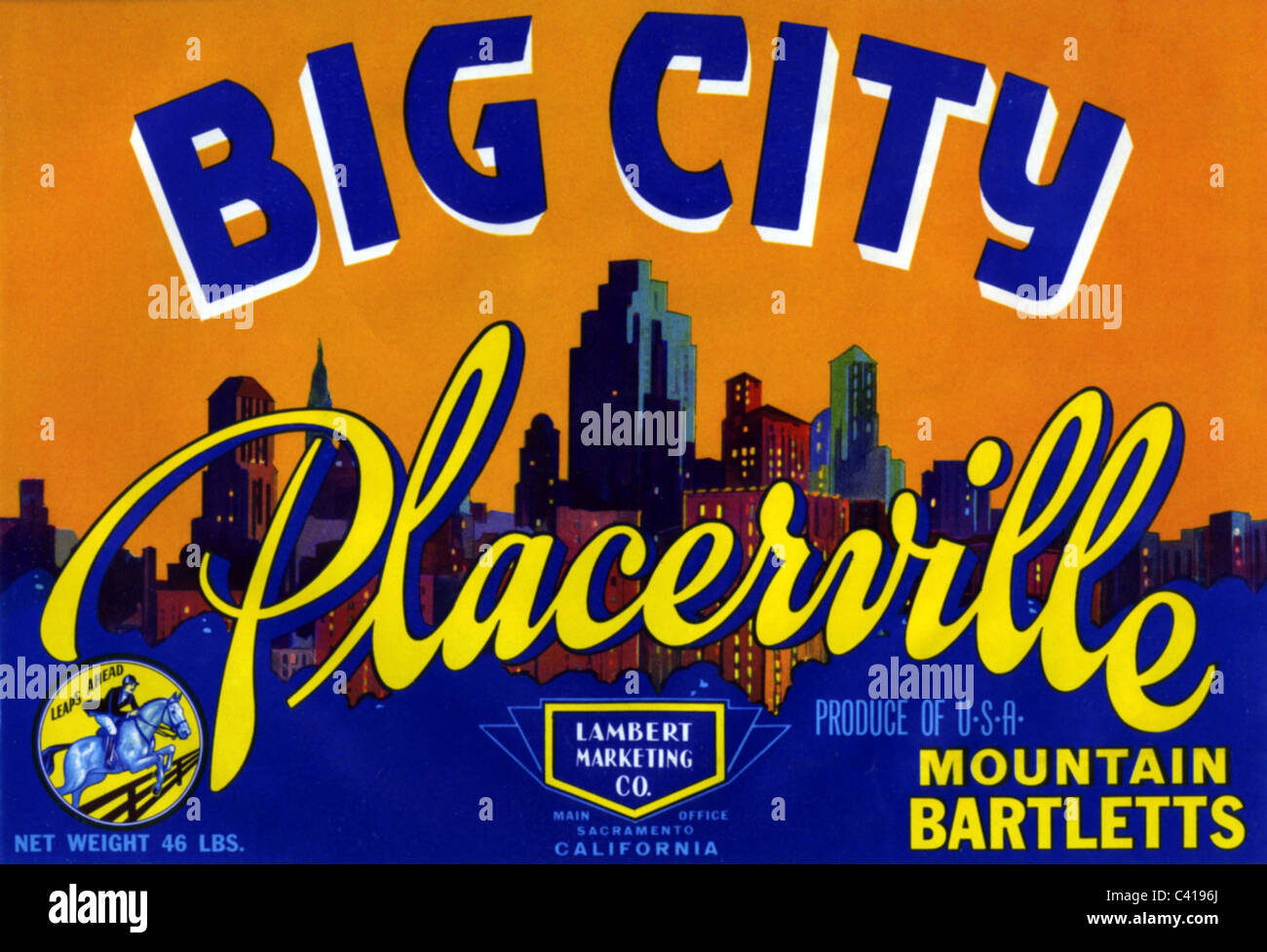 Werbung, Lebensmittel, Big City Placerville, Mountain Bartletts, 1920er Jahre, zusätzliche-Rights-Clearences-not available Stockfoto