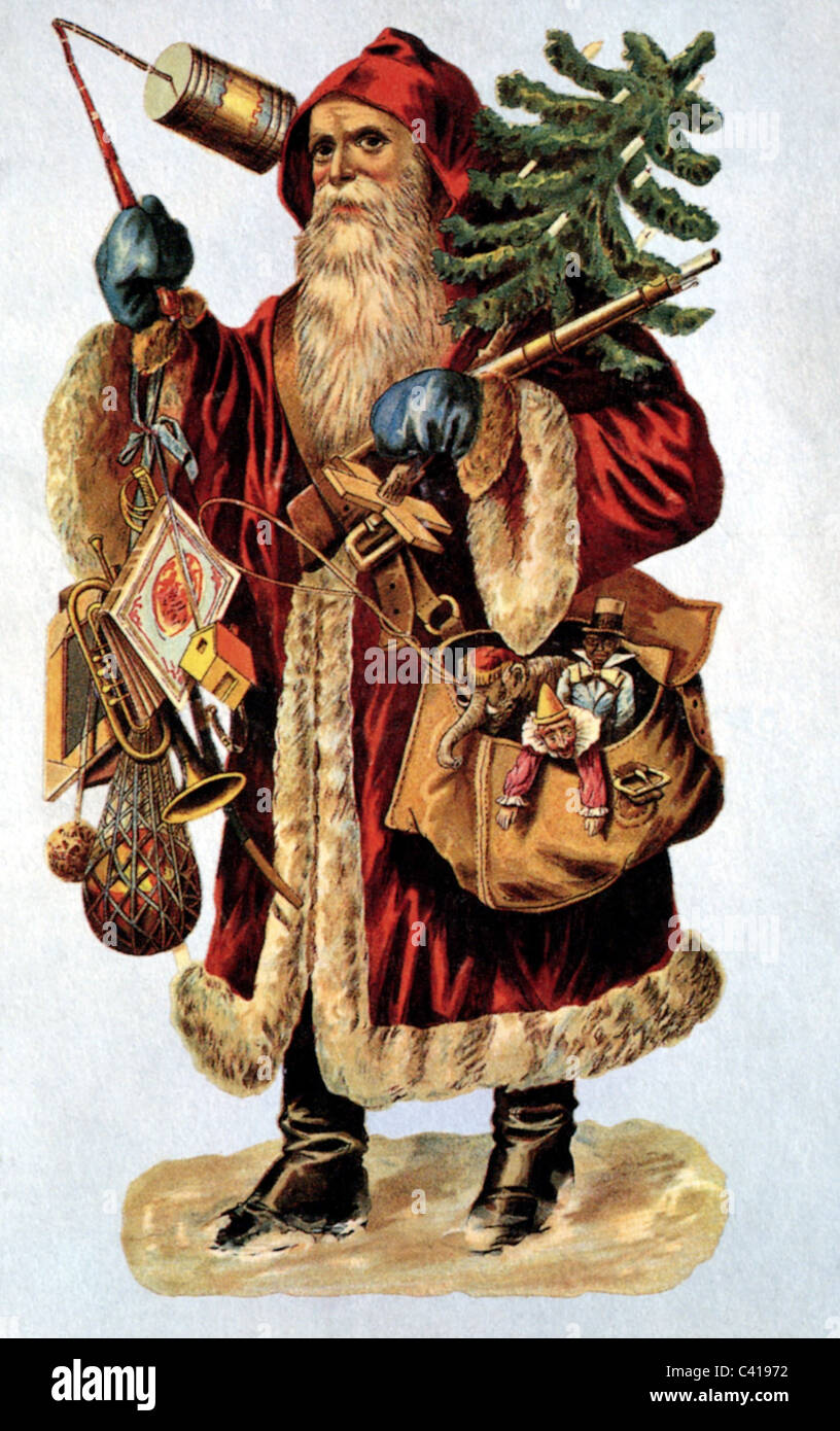 Weihnachten, Weihnachtsmann (Nikolaus), Zeichnung, 19. Jahrhundert, Weihnachtsmann, historisch, Tannenbaum, Spielzeug, Vollbart, Menschen, Zusatzrechte-Clearences-nicht vorhanden Stockfoto