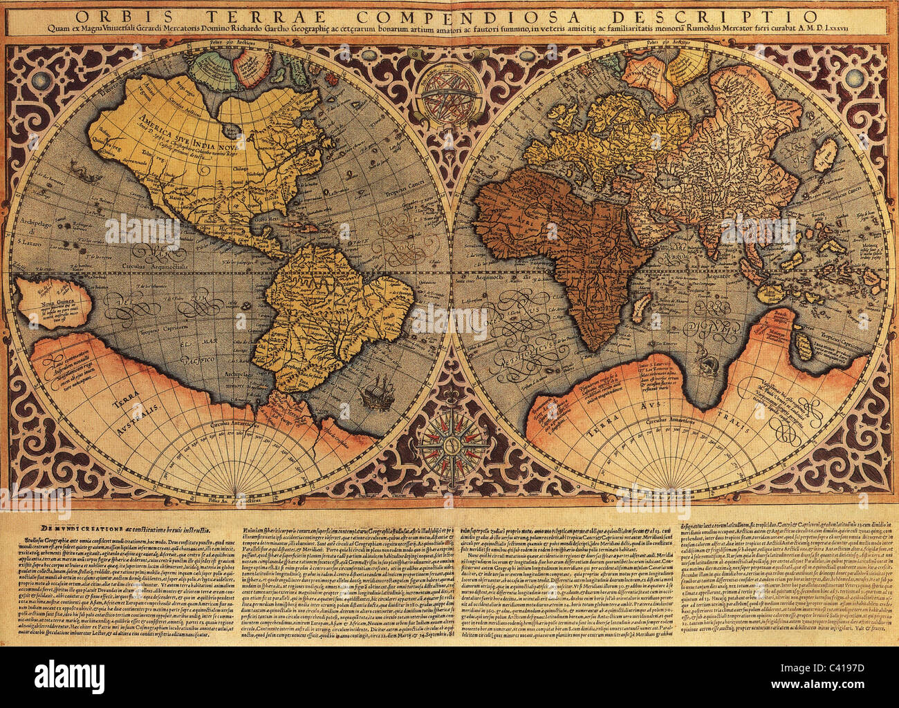 Kartographie, Karten der Welt, Weltkarte von Rumold Mercator, von "Atlas Sive Cosmographicae 