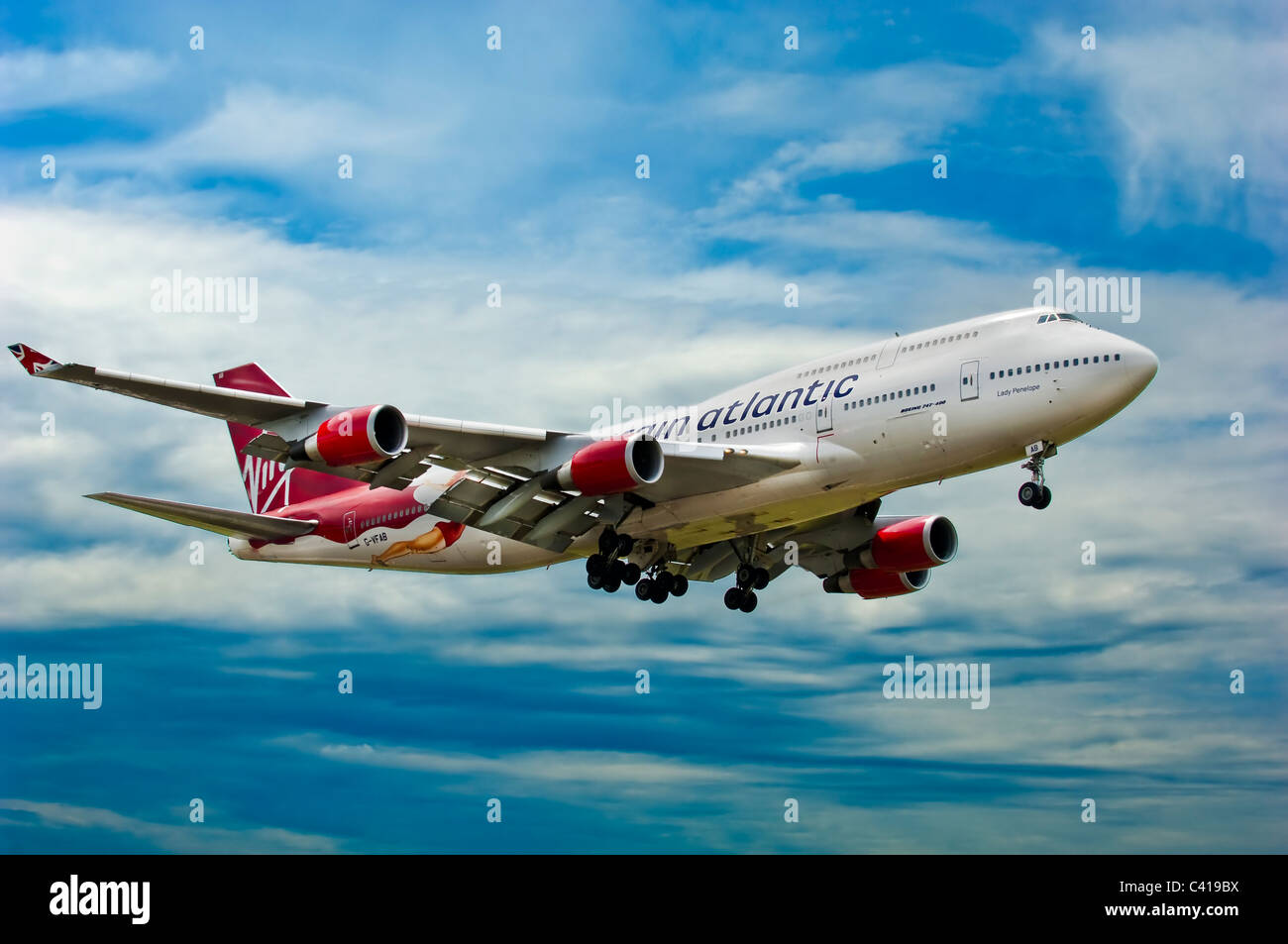 747, Jungfrau, Landung, Getriebe, fliegen Stockfoto