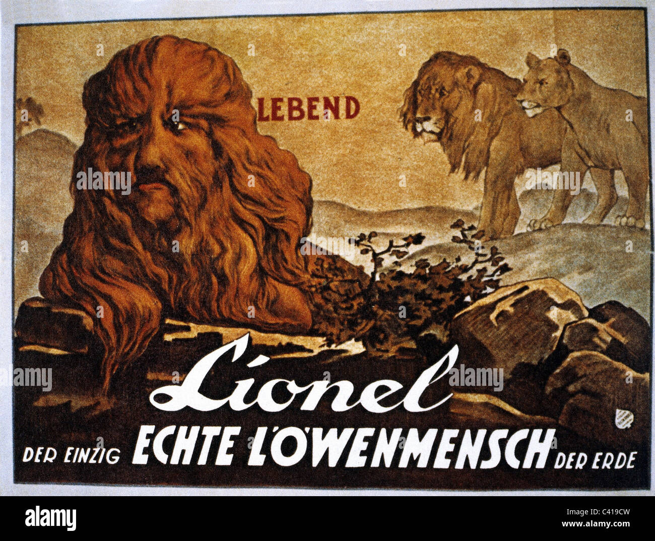zirkus, Kuriositäten, 'Lionel der Lion-Faced man', Poster, um 1910, Additional-Rights-Clearences-not available Stockfoto
