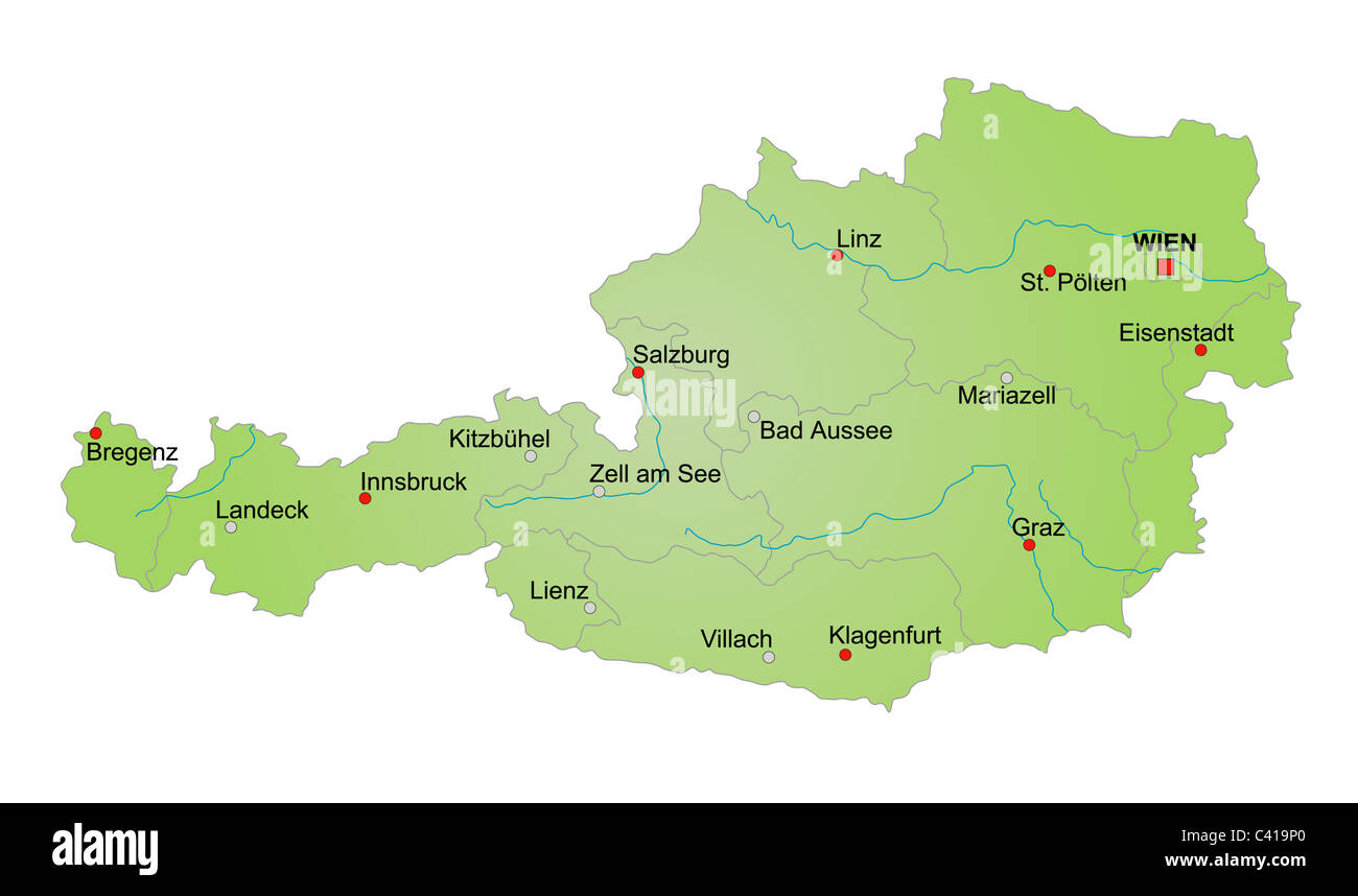 Stilisierte Landkarte zeigt verschiedene Städte, Flüsse und allen Bundesländern Österreichs. Alle auf weißem Hintergrund. Deutsche Beschriftung. Stockfoto