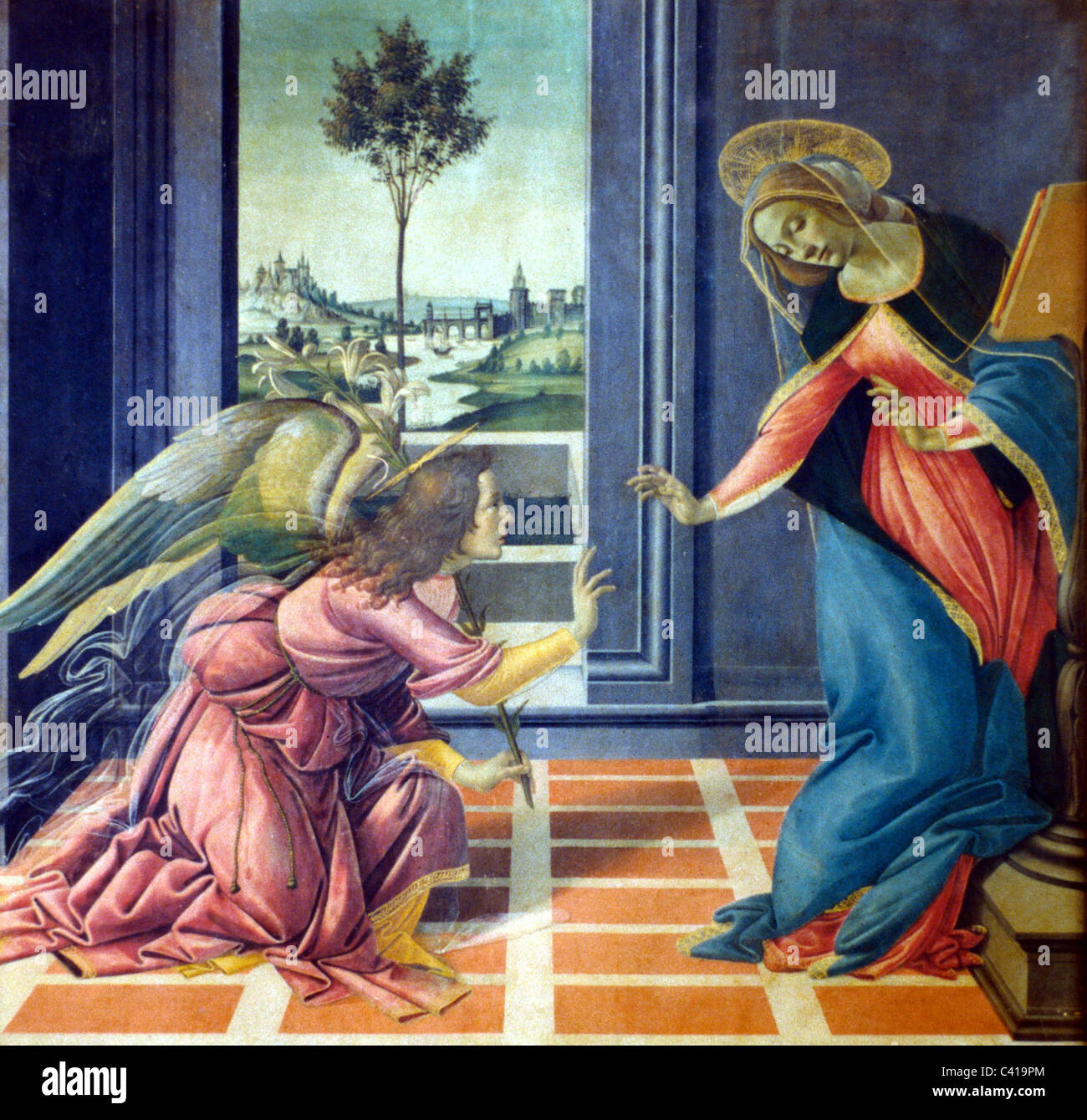 Bildende Kunst, Botticelli, Sandro (1445-1510), "Verkündigung" (Verkündigung), panel Gemälde, 150 x 146 cm, 1489-1490, Uffizien, Stockfoto