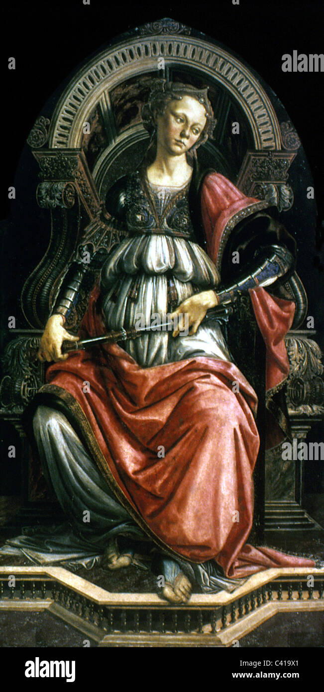 Bildende Kunst, Botticelli, Sandro (1445-1510), panel Gemälde, "Tapferkeit" (La Fortezza) Tafelbild, 167 x 87 cm, 1470, Uffizien, Flo Stockfoto