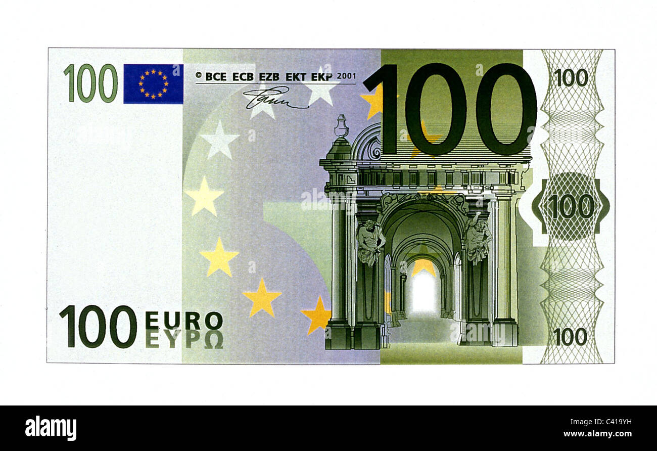 Geld, Banknoten, Euro, 100 Euro-Schein, Vorderseite, Banknote, Geldschein, Rechnung, Banknoten, Banknote, Geldschein, Rechnung, Banknoten, Eu Stockfoto