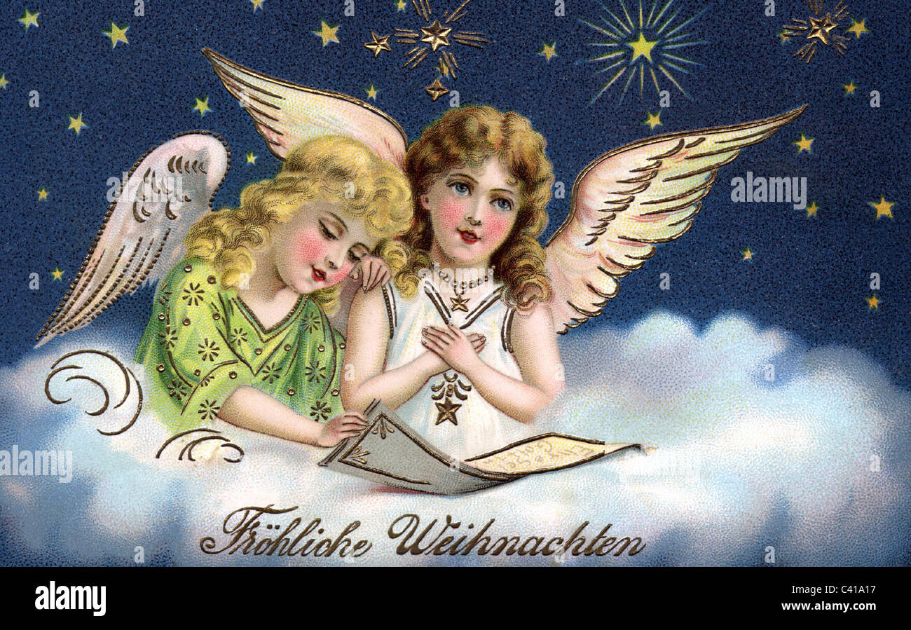 Weihnachten, Kitsch, zwei Engel auf einer Wolke, Postkarte, um 1900, 'Merry Christmas!', Zusatzrechte-Clearences-nicht vorhanden Stockfoto