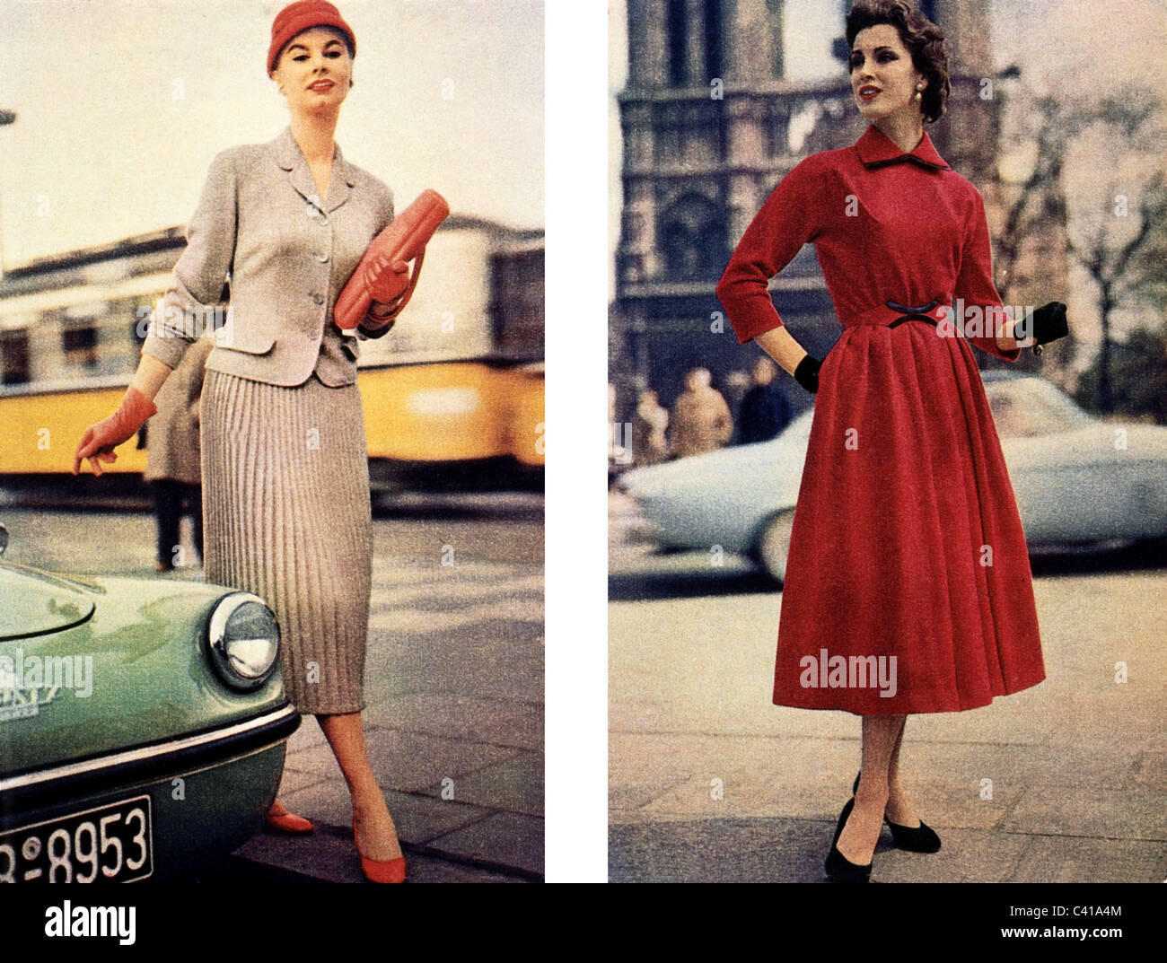Mode, 50er Jahre, Damenmode, zwei Frauen auf Werbebildern, um 1957, Additional-Rights-Clearences-not available Stockfoto