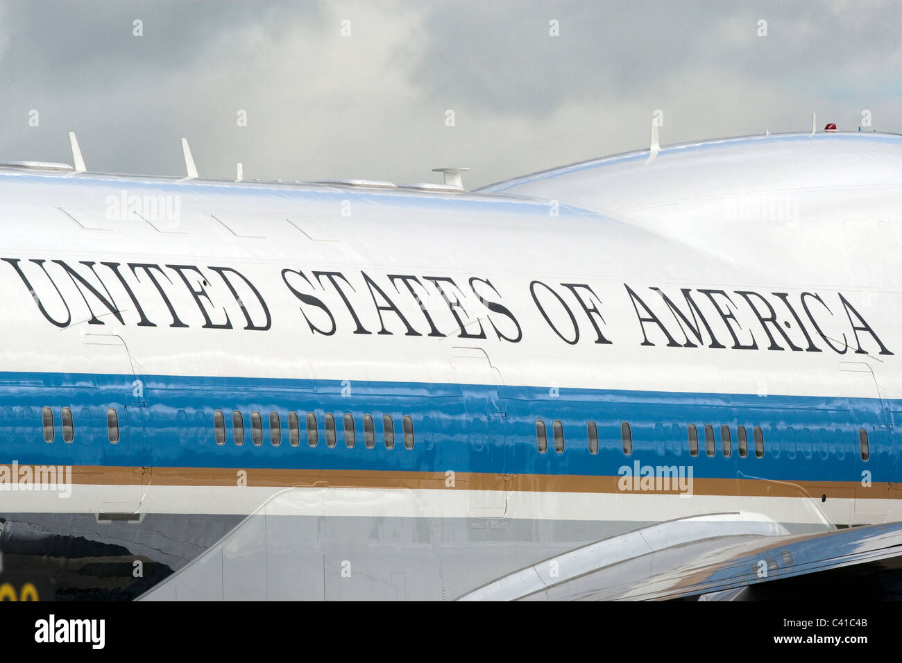 Detail auf US-Präsident Obama offizielle Boeing 747 Jumbo Jet mit Worten Vereinigte Staaten von Amerika Stockfoto