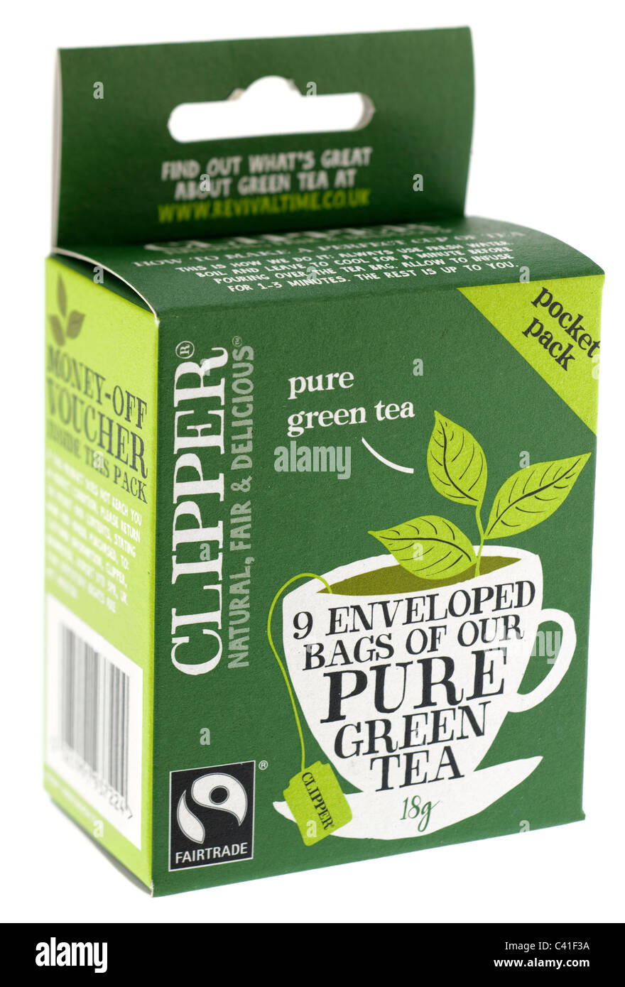 Schachtel mit Clipper Fairtrade Tasche Größe Pack 9 umhüllten Beutel von grüner Tee Stockfoto