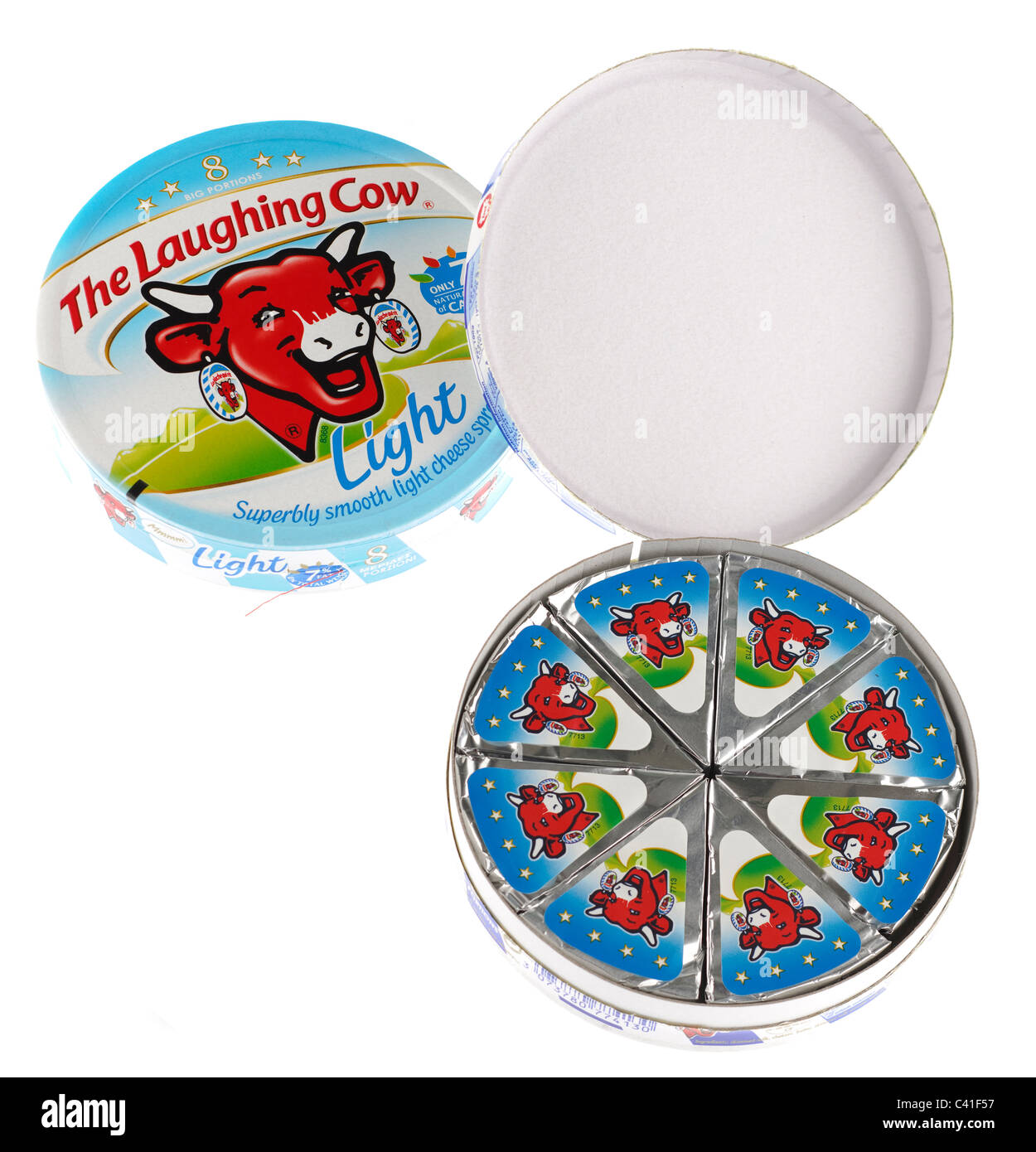 Zwei Runde Schachteln mit 8 großen Käse-Portionen die lachende Kuh ein Licht und eine gewöhnliche Stockfoto