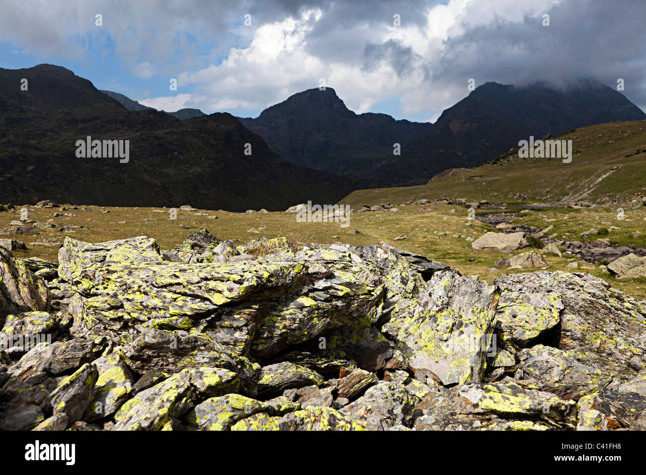 Berg Circe mit Flechten bedeckt Felsen Arcalis Andorra Stockfoto