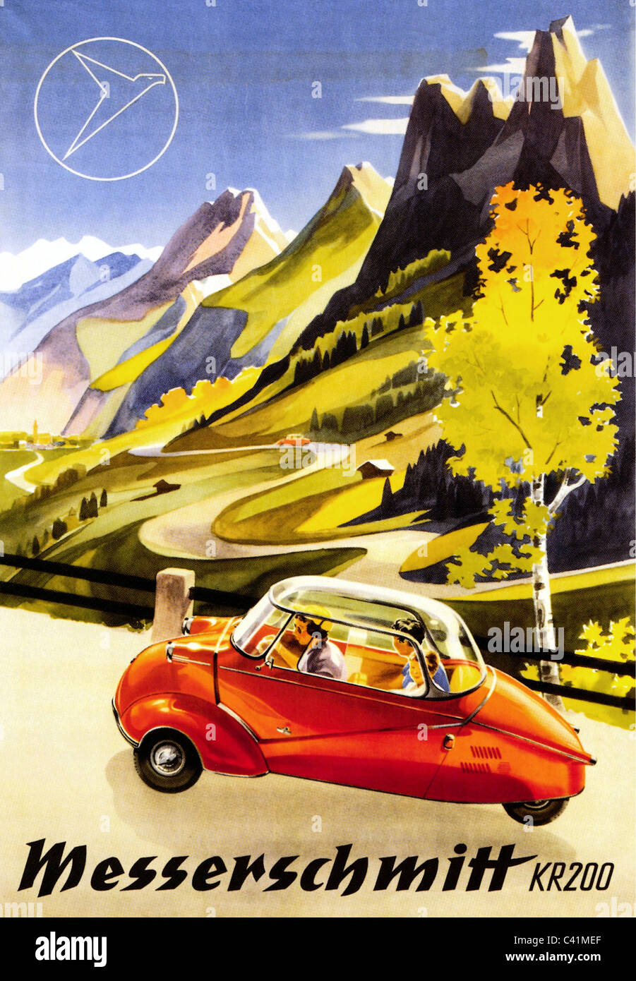 Werbung, Automobile, Werbeplakat für Messerschmitt KR 200, Luftblasenwagen, 1955, 50er, 50er, 50er, 20. Jahrhundert, historisch, Auto, Autos, Alpen, Hochalpen, Landschaft, Landschaft, Land, Urlaub, Urlaub, Urlaub, Messerschmidt, Kleinwagen, Minicar, Mini, winzig, Panoramadach, Ausflug, Fahrt, Autofahrt, Autofahrten, Fahrten, Personen, Zusatzrechte-Clearences-nicht vorhanden Stockfoto