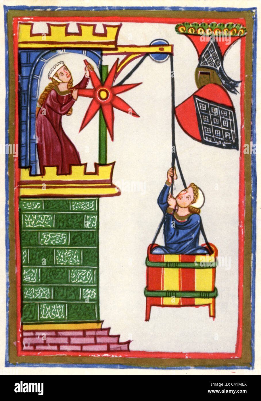 Kristan von Hamle, ca. 1200, deutscher Minnesänger, Szene, in einem Korb sitzend, wird Hamle von einer Dame mit einer Riemenscheibe auf ihren Turm gezogen, Beleuchtung aus dem Kodex Manesse, 14. Jahrhundert, Stockfoto