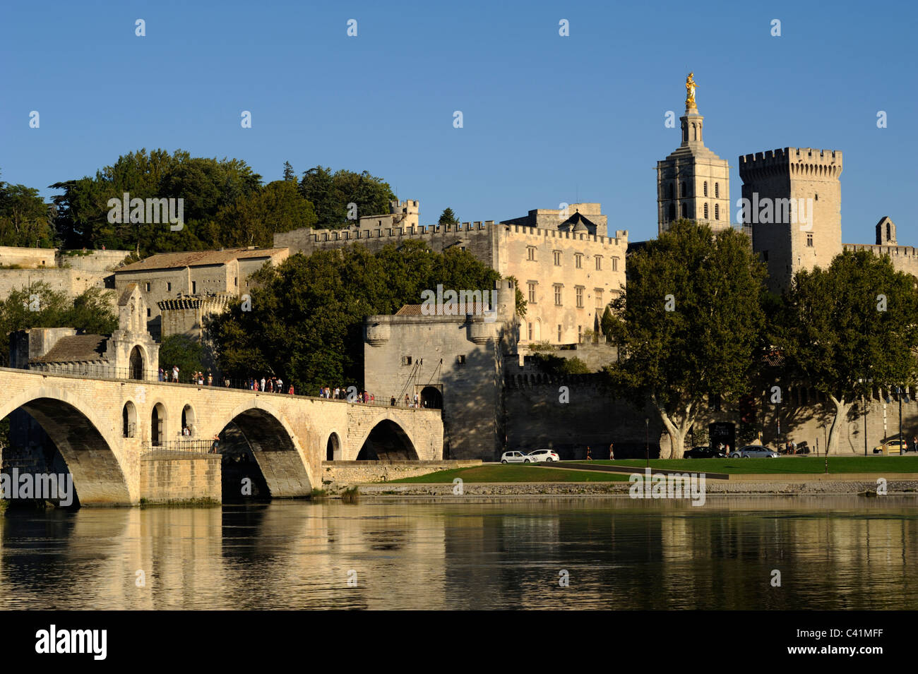 Frankreich, Provence, Avignon, Fluss Rhône, Brücke Saint Benezet und Papstpalast Stockfoto