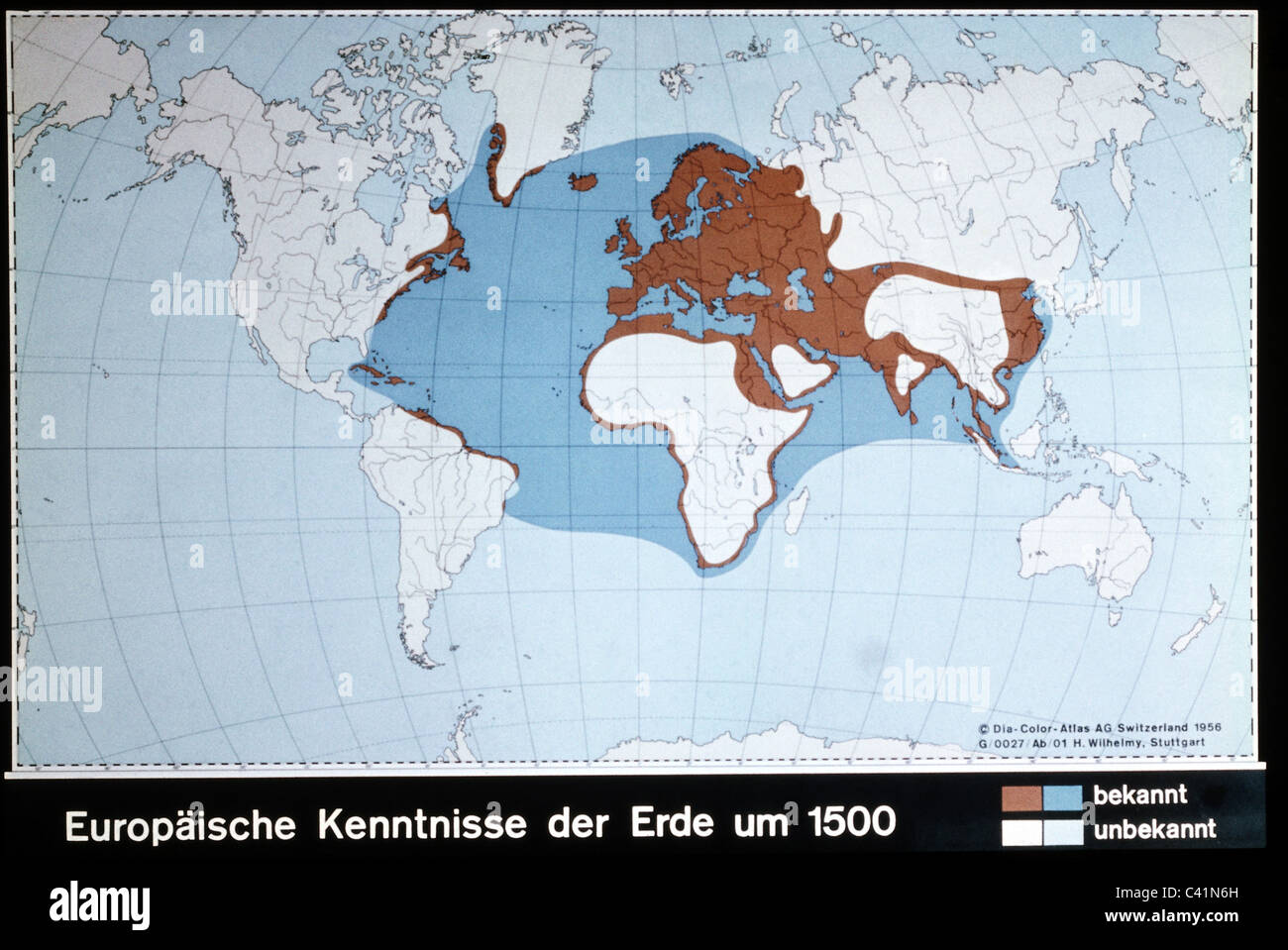 Kartographie, historische Karte, Neuzeit, Teile der Welt bekannt (braun und  blau) und unbekannt (weiß) für Europäer, um 1500,  zusätzliche-Rechte-Clearences-nicht vorhanden Stockfotografie - Alamy