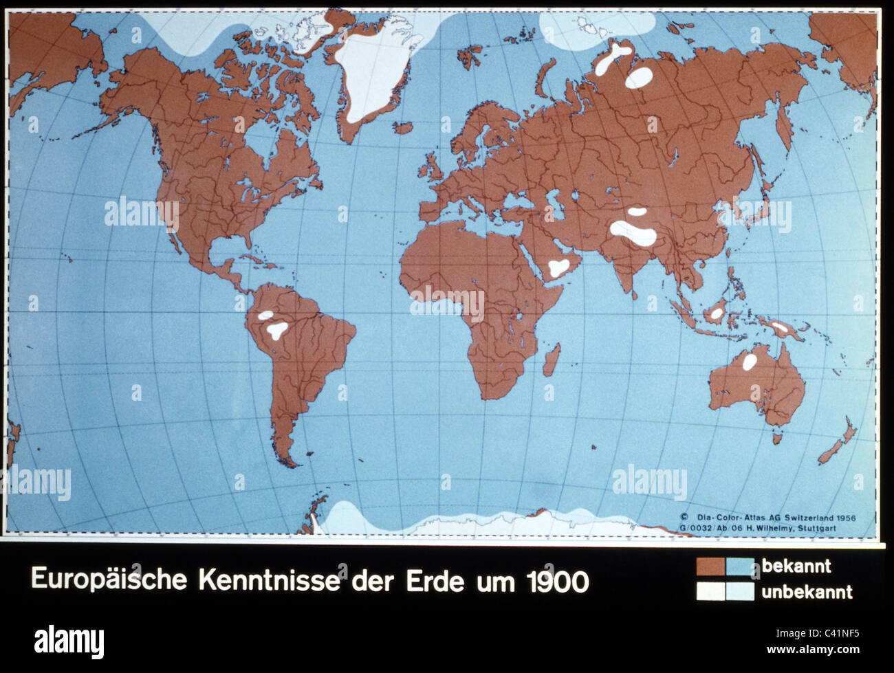 Kartographie, historische Karte, Neuzeit, Teile der Welt bekannt (braun und blau) und unbekannt (weiß) für Europäer, um 1900, zusätzliche-Rechte-Clearences-nicht vorhanden Stockfoto