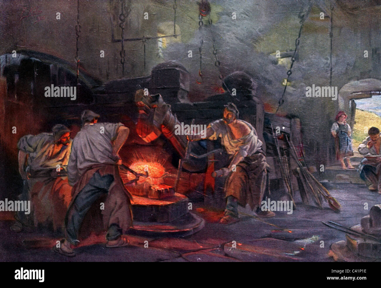 Industrie, Metall, Eisen, Hammermühle, Farbdruck nach Malerei von Friedrich von Keller, um 1900, Zusatz-Rechteklärung-nicht vorhanden Stockfoto