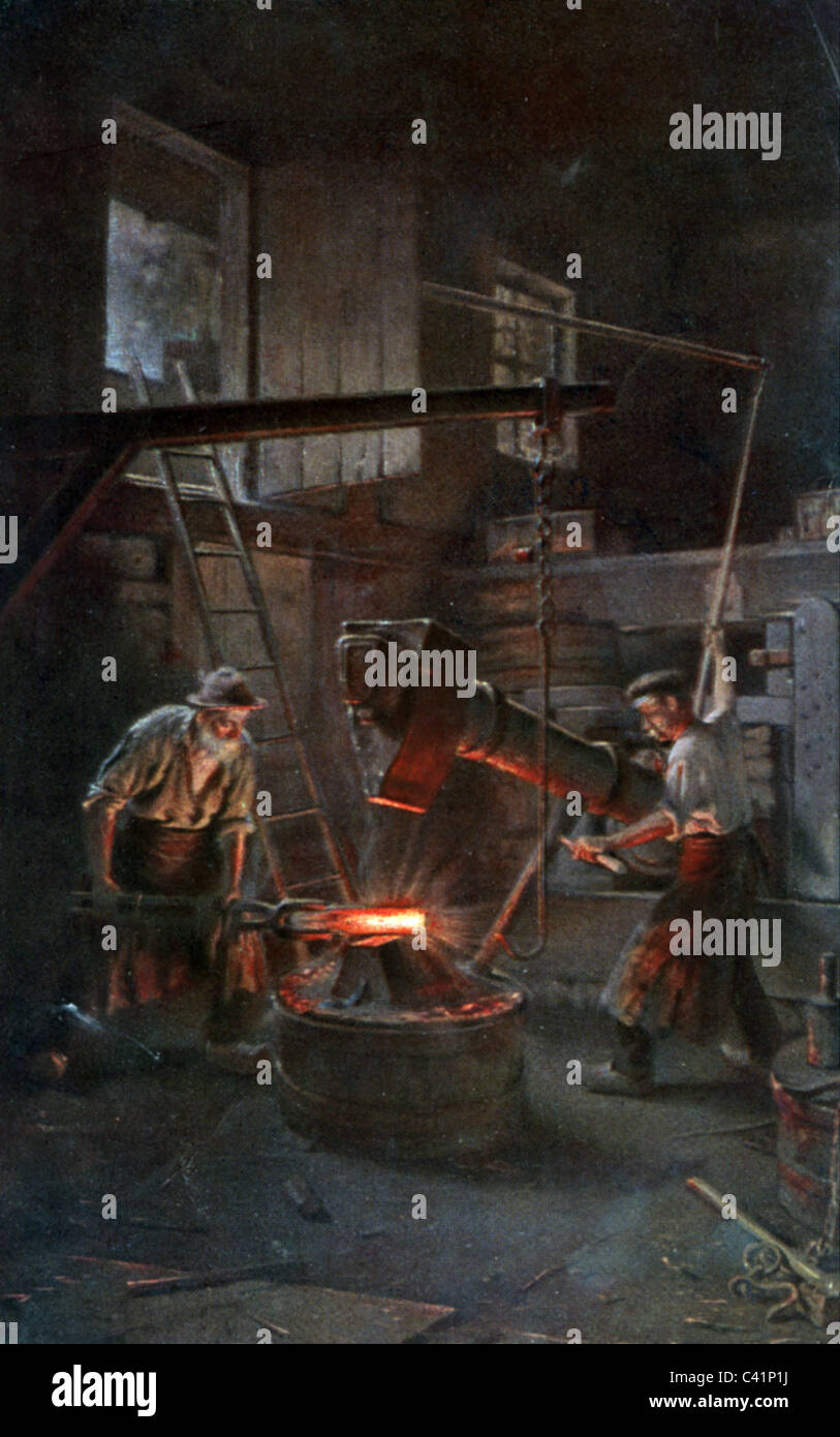 Industrie, Metall, Eisen, Hammermühle, Farbdruck nach Malerei von A. Eckardt, Ende 19. Jahrhundert, Schmiede, Arbeiter, Arbeit, Technik, Maschine, Menschen, Kaiserreich Deutschland, historisch, Zusatzrechte-Clearences-nicht vorhanden Stockfoto