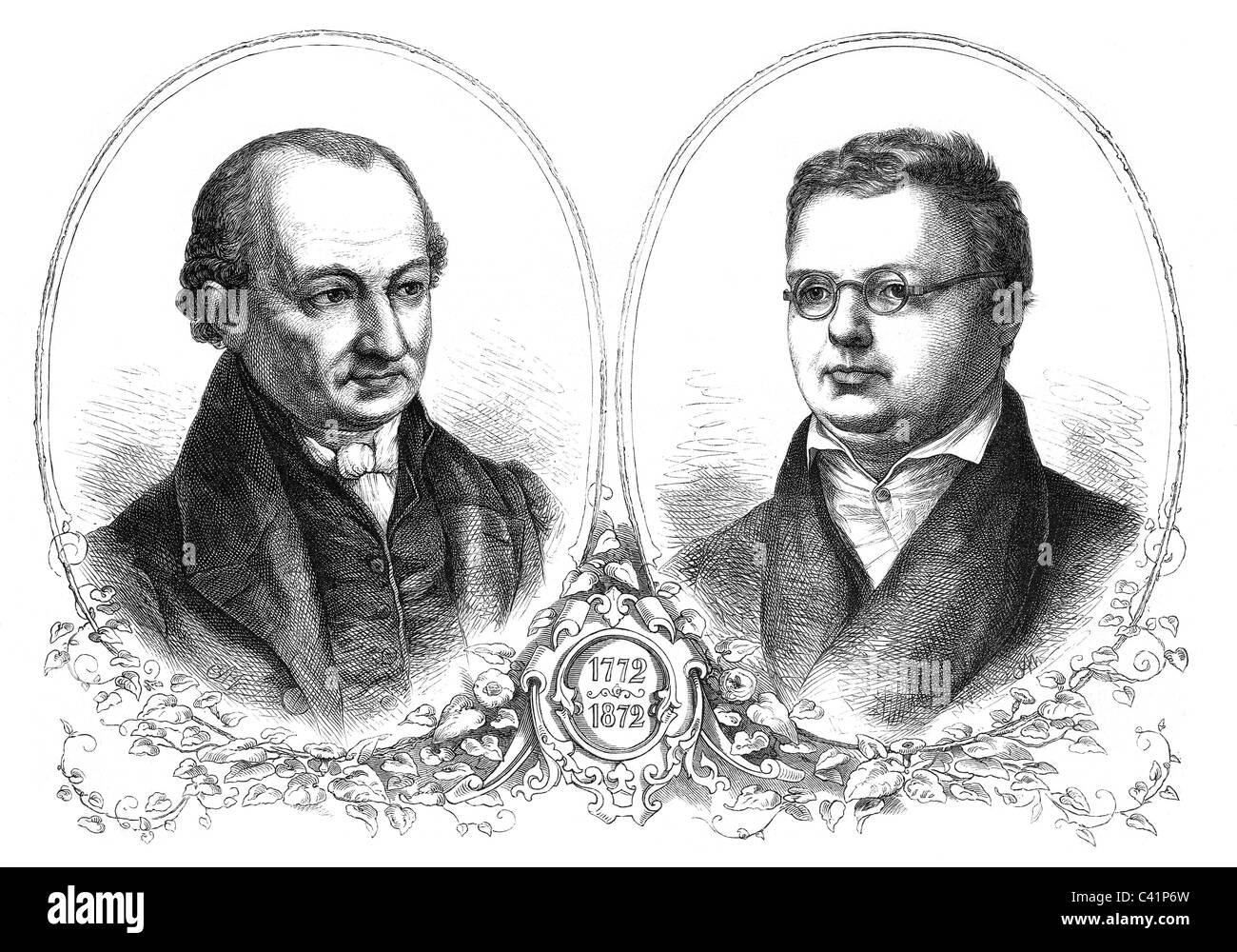 Brockhaus, Friedrich Arnold, 4.5.173 - 20.8.1823, deutscher Verleger, Porträt (rechts), mit einem Porträt des Verlegers Friedrich Perthes, Holzgravur, erschienen im Jahre 1872, Stockfoto