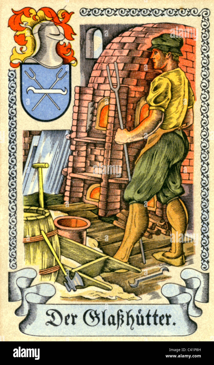 Personen, Berufe, Glaskilner, um 1575, Farbdruck, Zigarettenkarte, Tengelmann, Mühlheim/Ruhr, 1934, , Zusatz-Rechteklärung-nicht vorhanden Stockfoto