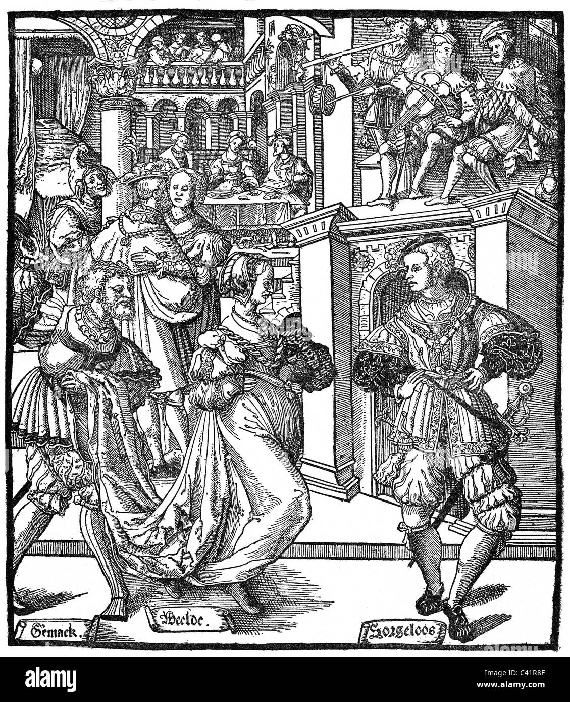 Festlichkeiten, Ball, Bandsman spielt für den Tanz, Holzschnitt von Cornelis Anthoniszoon, Niederlande, 1. Hälfte 16. Jahrhundert, Zusatzrechte-Clearences-nicht vorhanden Stockfoto