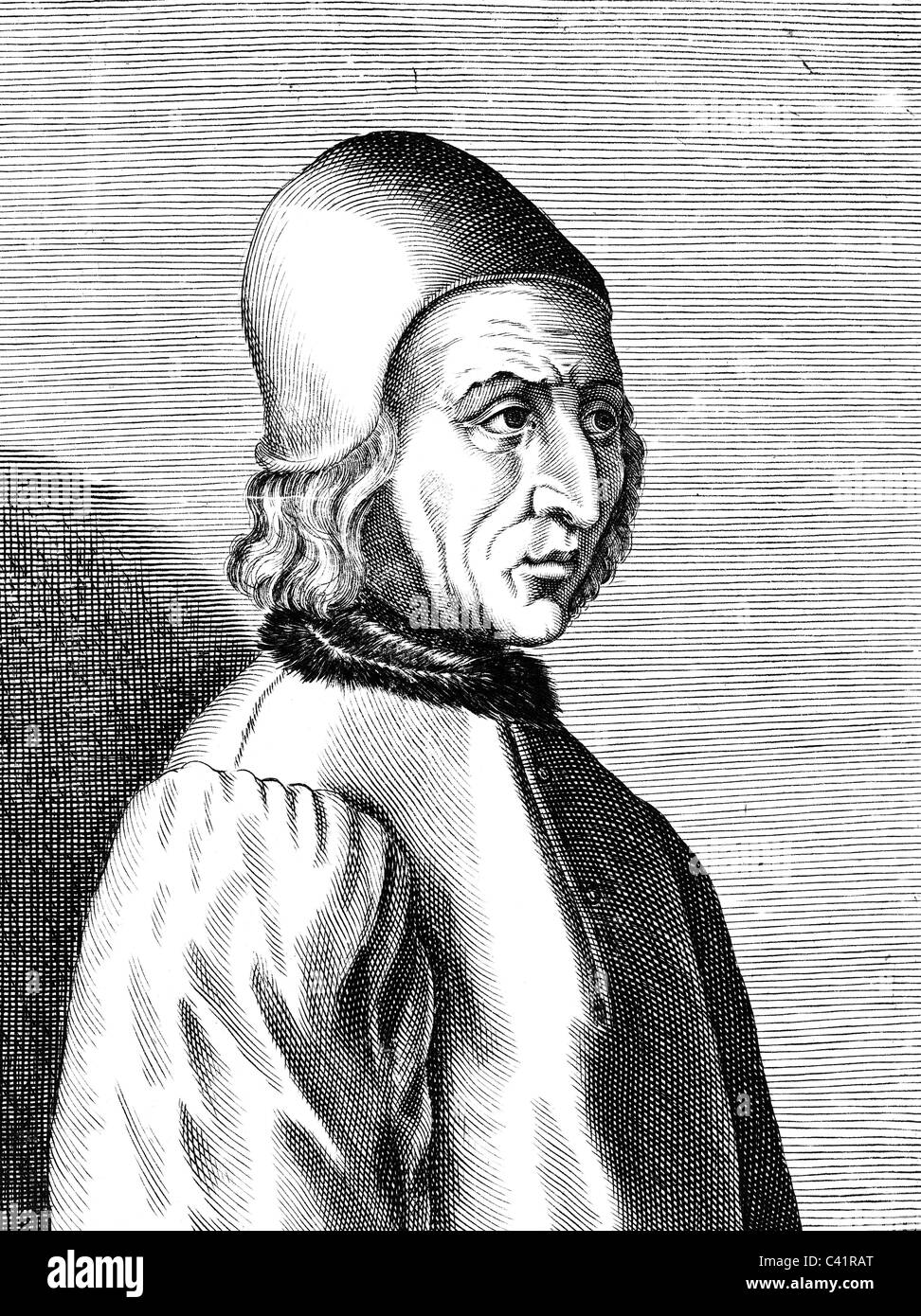 Poliziano, Angelo, 14.7.1454 - 24.9.1494, italienischer Humanist und Dichter, Porträt, Kupferstich von Esme de Boulonois, 17. Jahrhundert, Artist's Urheberrecht nicht gelöscht werden Stockfoto