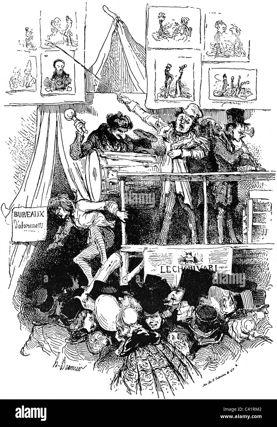 Presse / Medien, Karikatur, Mitarbeiter von 'Le Charivari' als Straßenballadensänger, Zeichnung von Honoré Daumier, Frankreich, 19. Jahrhundert, , Zusatzrechte-Clearences-nicht verfügbar Stockfoto